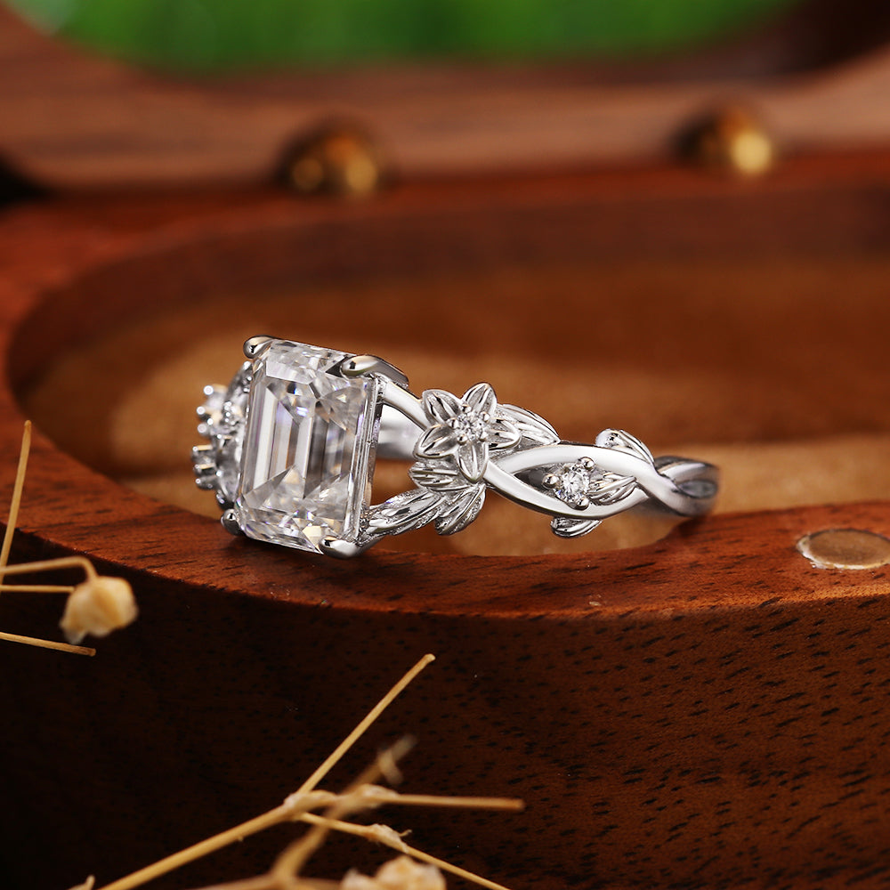 Vintage-Inspired 1.83ct Emerald Cut Moissanite Leaf Engagement Ring