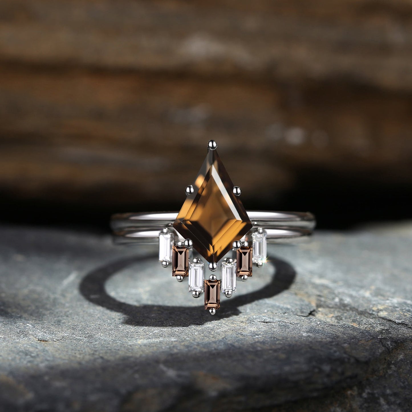 Classic Style Kite Cut Smokey Quartz Engagement Ring 2pcs