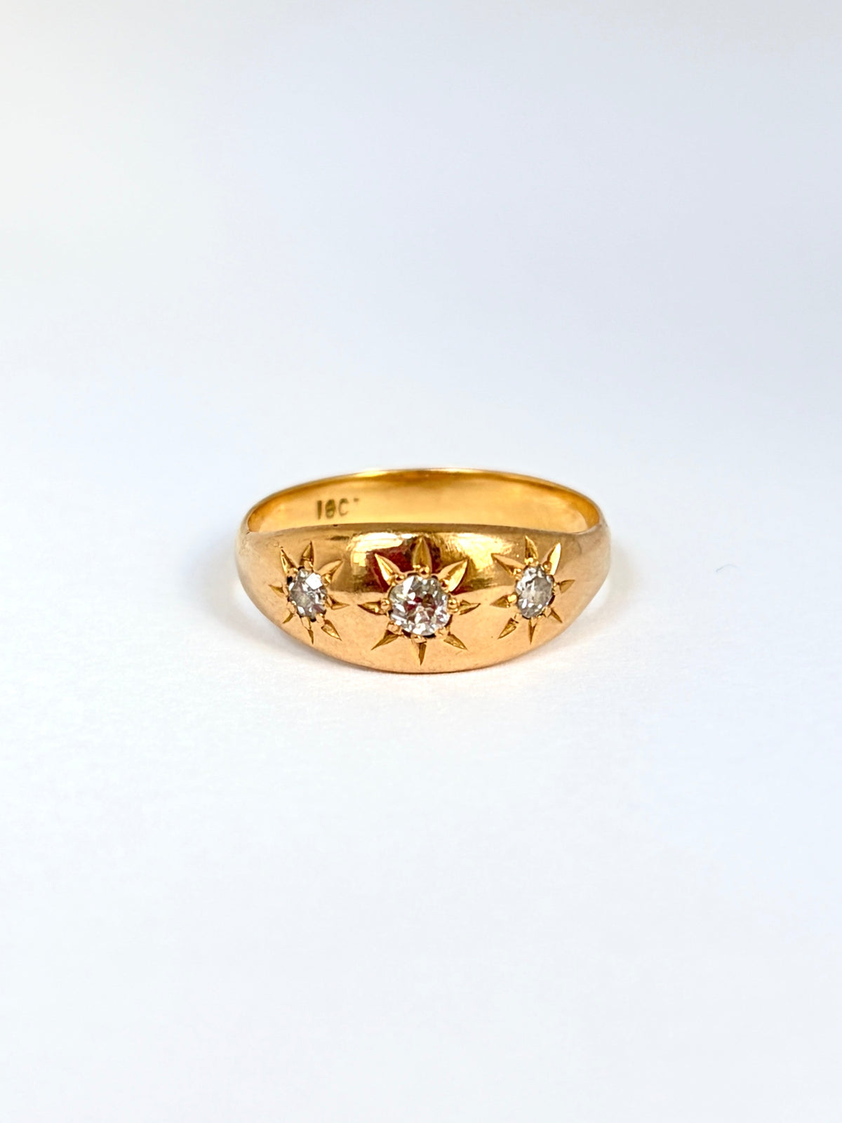 Vintage Three Star Diamond Flush Set Ring, Hallmarked 18ct Gold