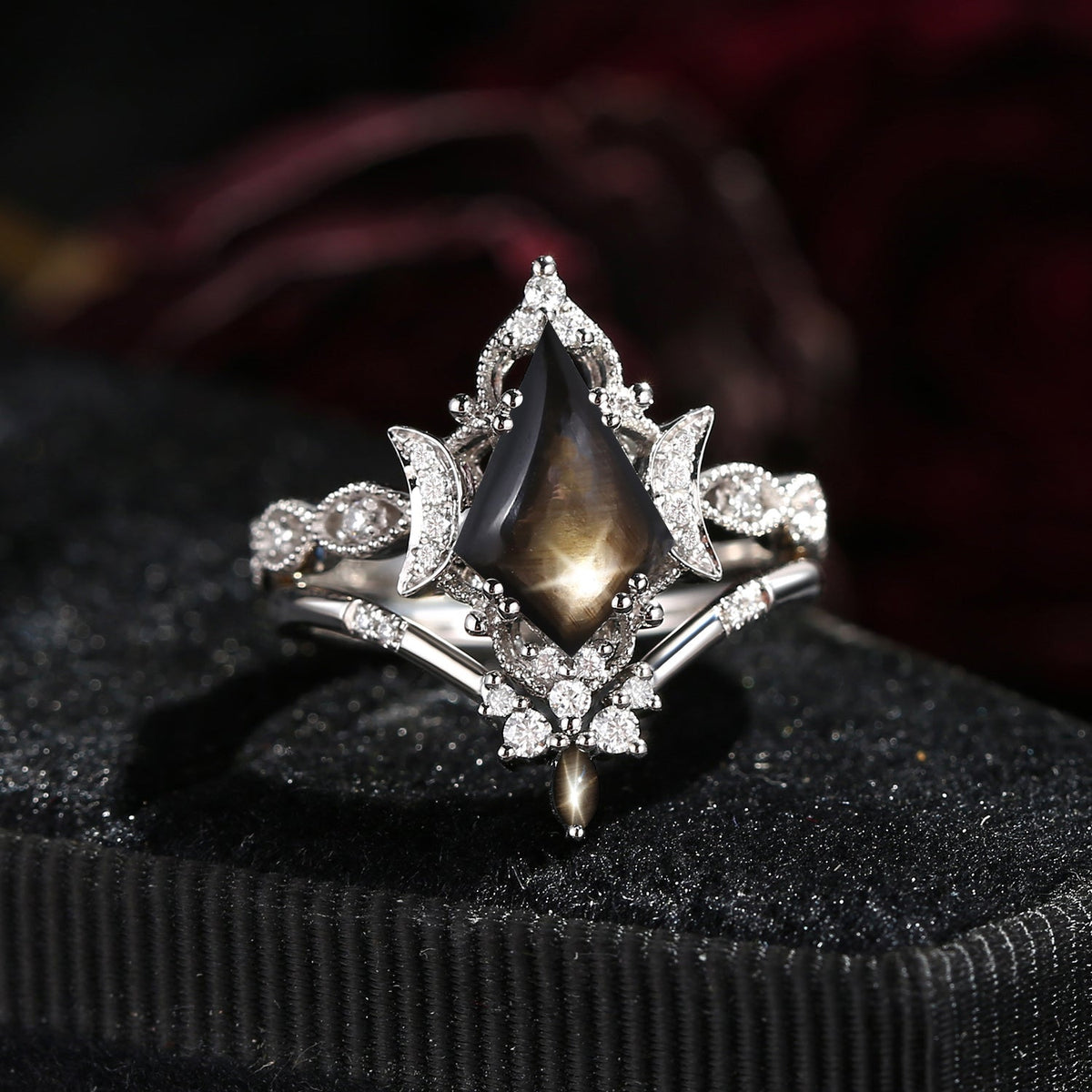 Crescent Moon | Unique Kite Cut Natural Black Star Sapphire Engagement Ring Set 2pcs - Luna