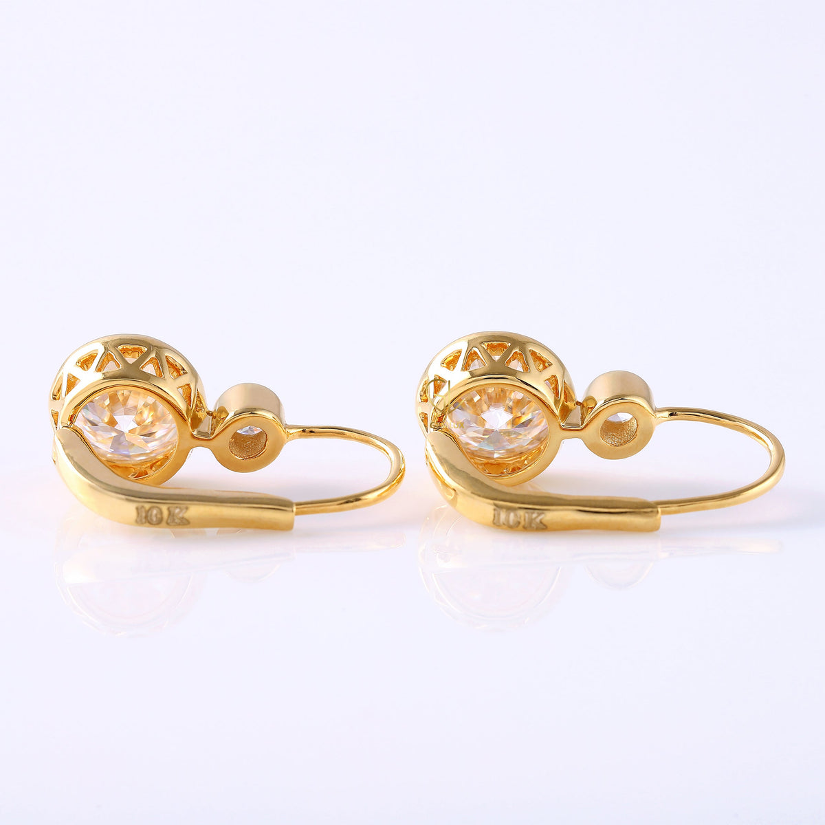 Art Deco Two Stone Round Moissanite Bezel Lever Back Earrings