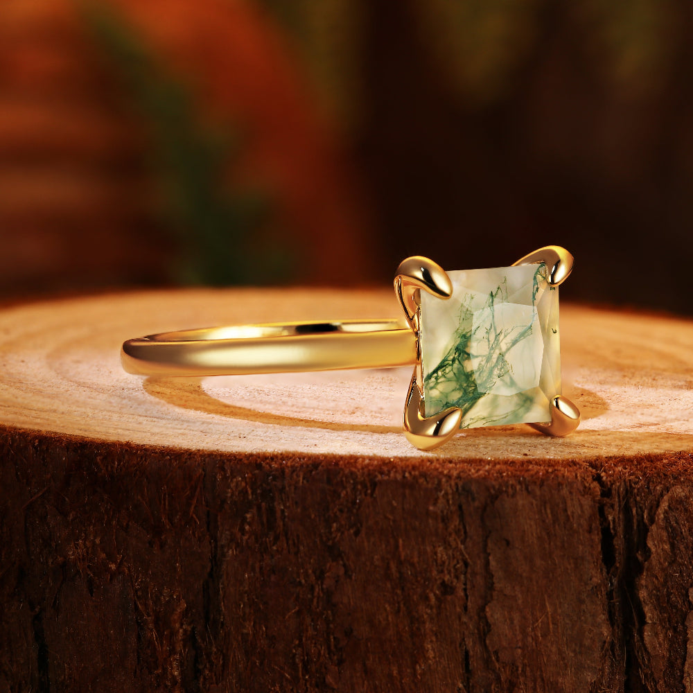 Nature Inspired 8x8mm Princess Cut Moss Agate Solitaire Engagement Ring