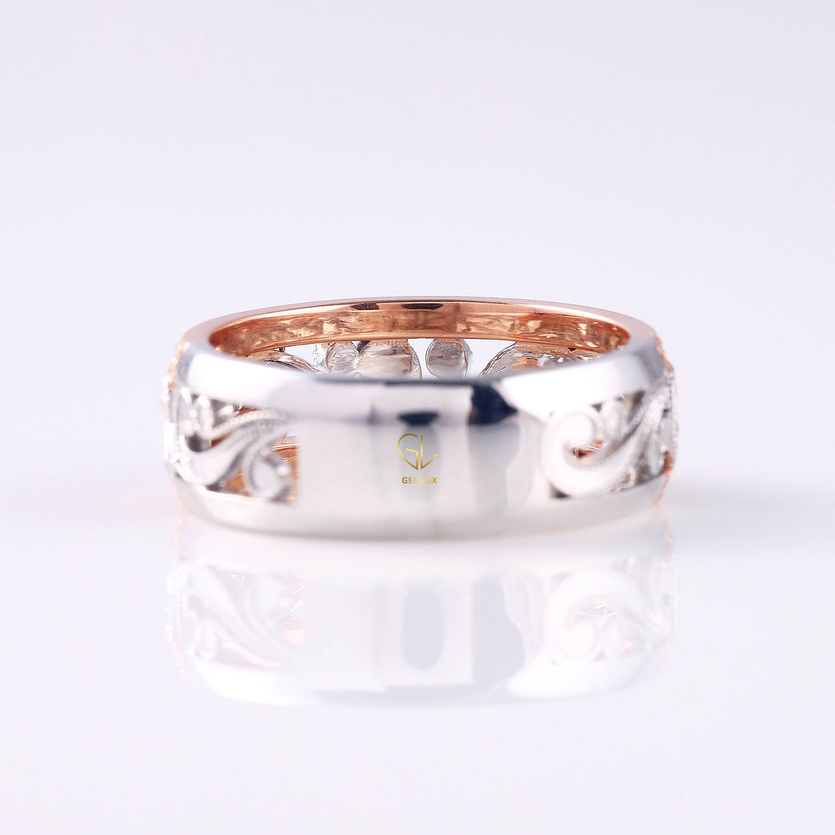 Vintage Inspired Filigree Moissanite Two Tone Wedding Band