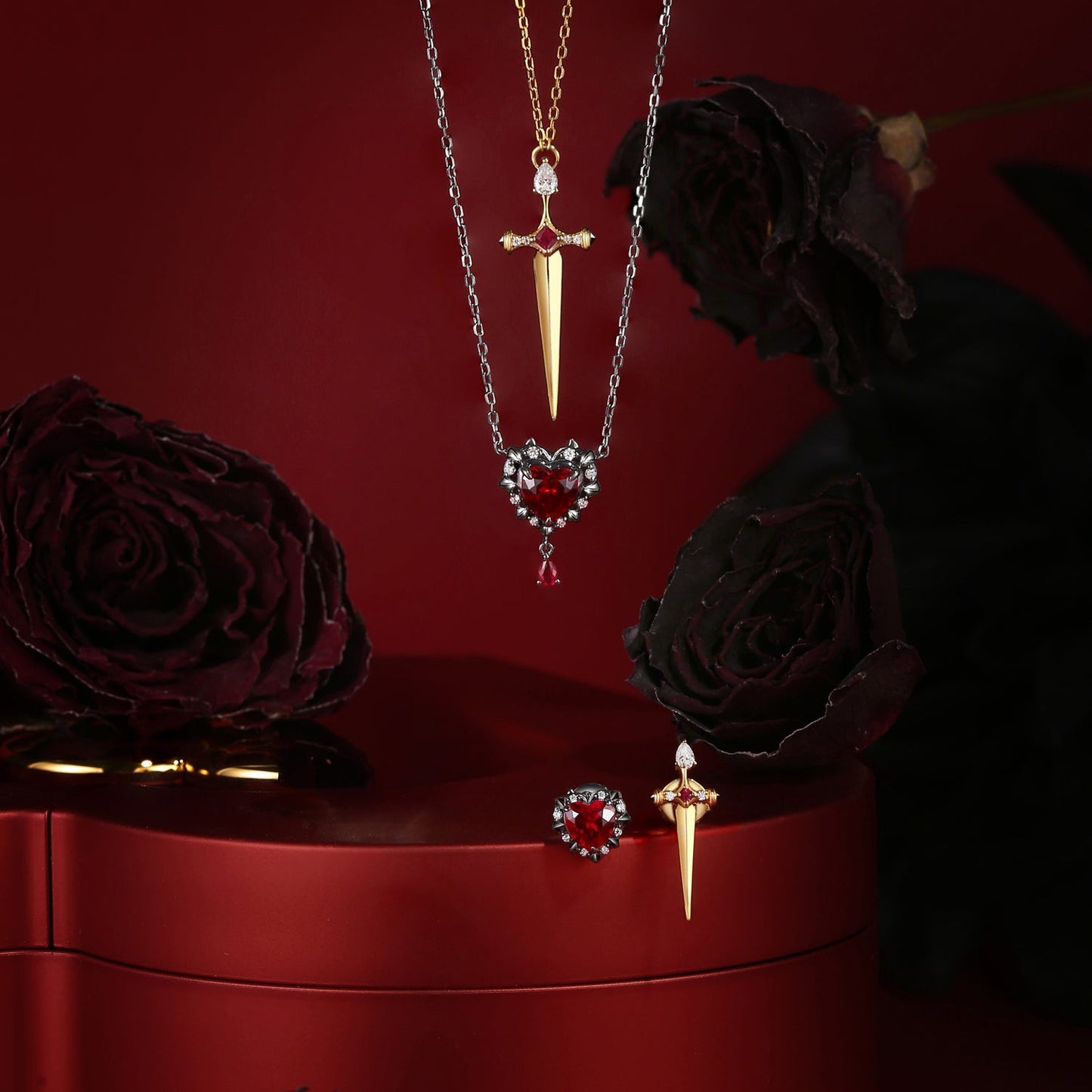 Unique Heart Shaped Lab Ruby & Sword Couple Jewelry Set - 'Cupid's Arrow' Jewelry Box