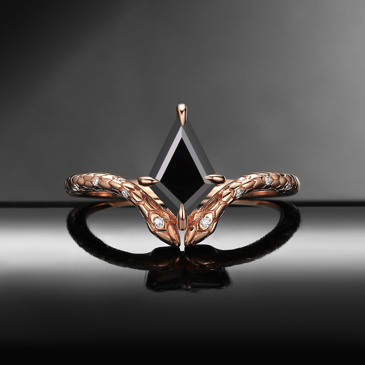 'Serpent's Embrace'- Snake Textured Kite Cut Black Moissanite Engagement Ring