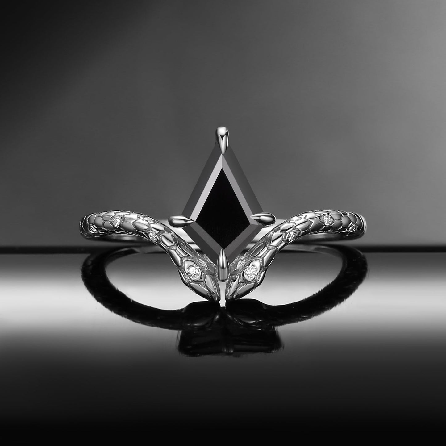 'Serpent's Embrace'- Snake Textured Kite Cut Black Moissanite Engagement Ring