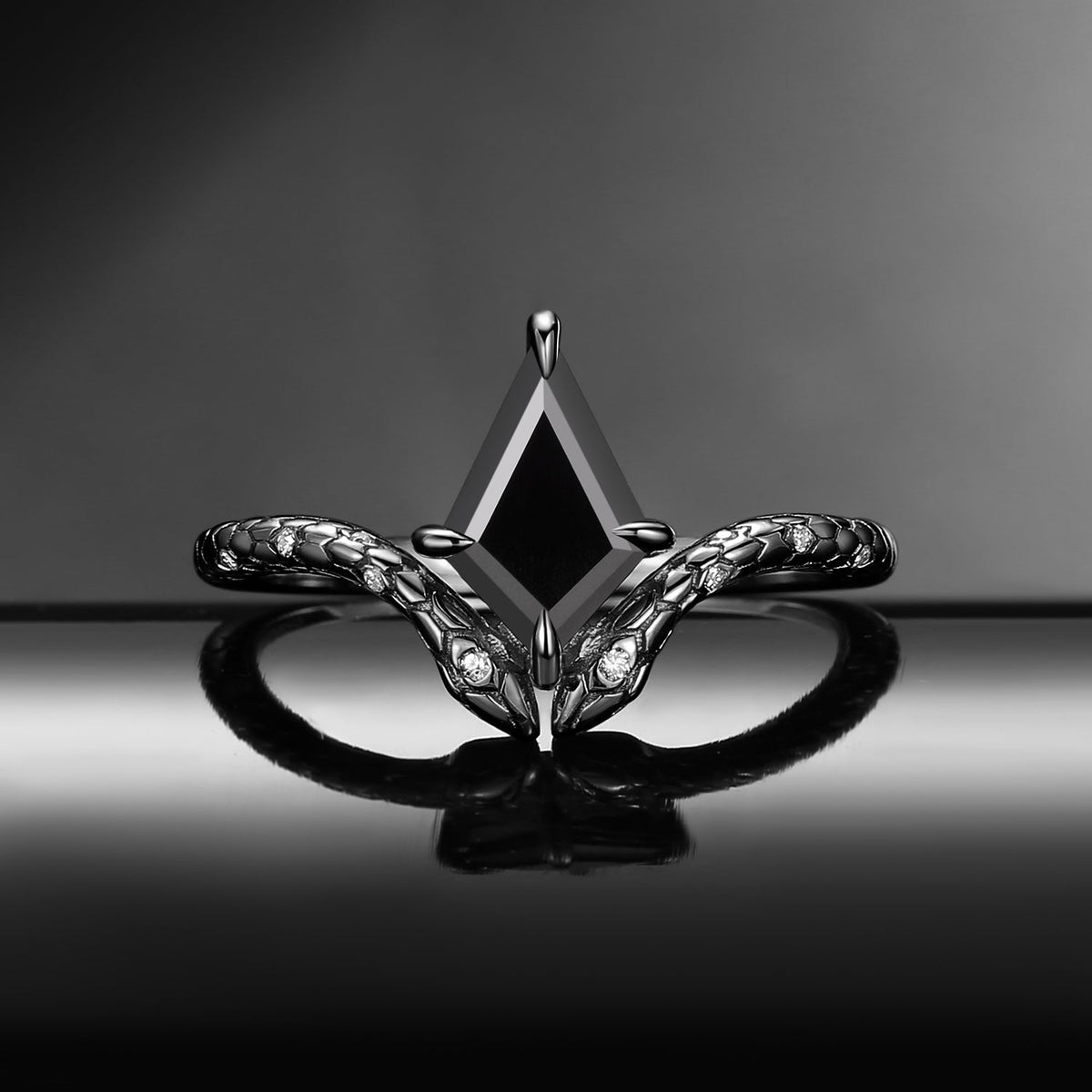'Serpent's Embrace'- Snake Textured Kite Cut Black Moissanite Engagement Ring