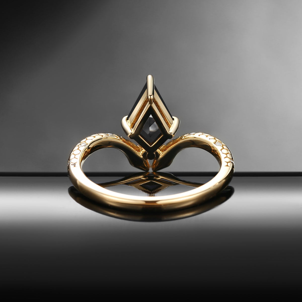 'Serpent's Embrace'- Snake Textured Kite Cut Black Moissanite Engagement Ring