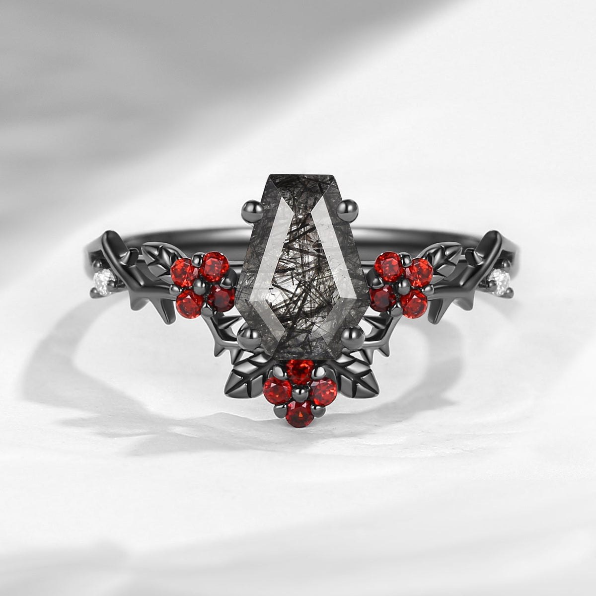 Gothic Style Coffin Black Rutilated Quartz Vine 'Thorns & Roses' Engagement Ring