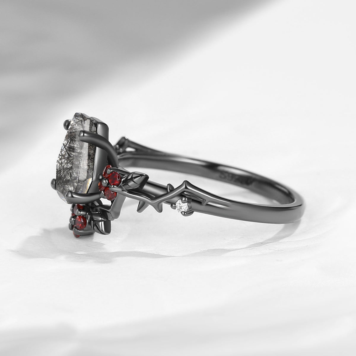 Gothic Style Coffin Black Rutilated Quartz Vine 'Thorns & Roses' Engagement Ring