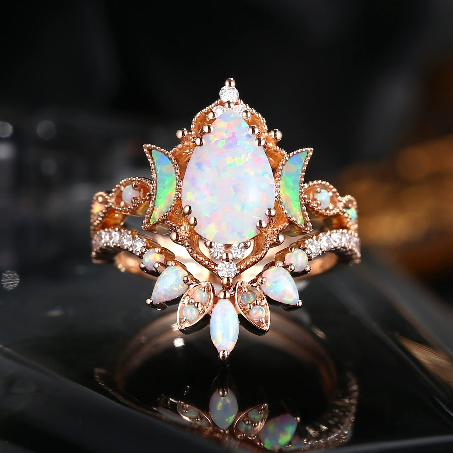 Crescent Moon | Pear Cut Pink Lab Opal 'Ultra Galaxy' Engagement Ring Set 2pcs