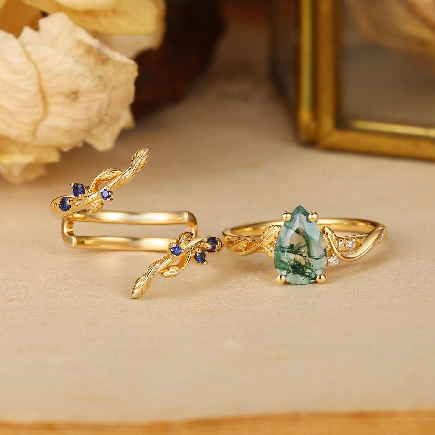 Cressida’s Companion | Moss Agate & Sapphire Engagement Enhancer Ring Set 2pcs