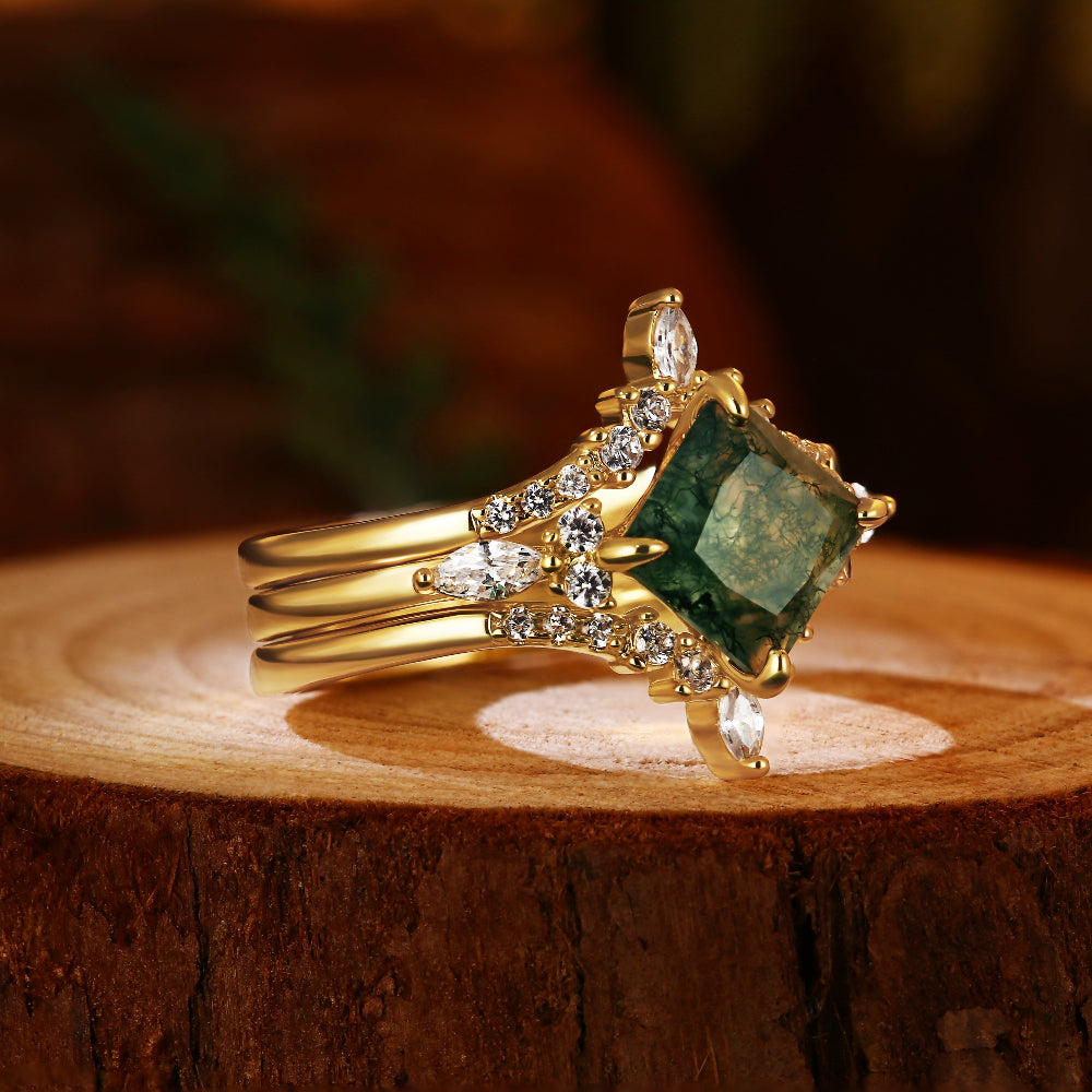 Nature Inspired 7x7mm Princess Cut Agate Engagement Ring with Art Deco Curved Moissanite Band