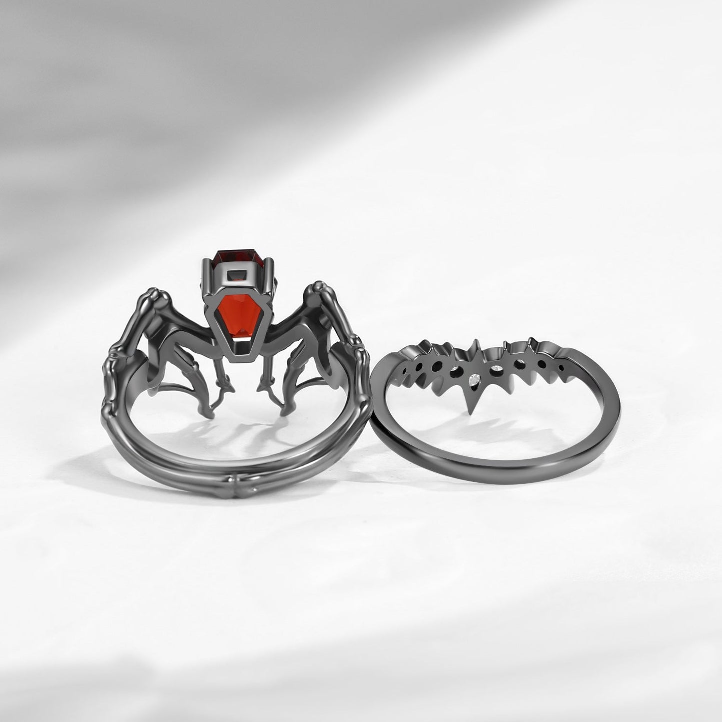 Non-Traditional Coffin Garnet Black Gold Vampire Ring Set 2pcs - Bat Ring
