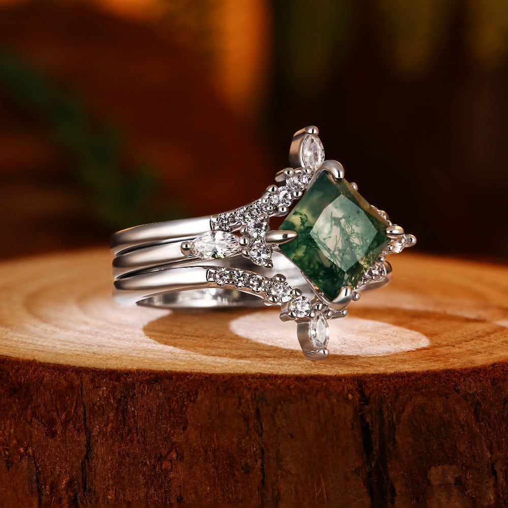 Nature Inspired 7x7mm Princess Cut Agate Engagement Ring with Art Deco Curved Moissanite Band