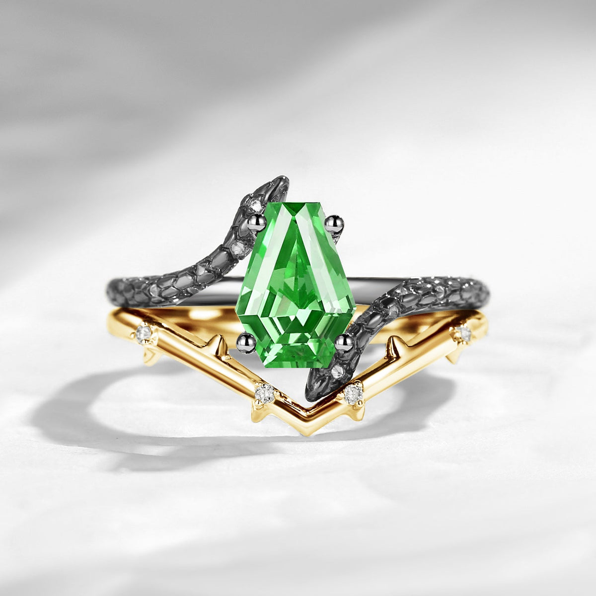Gothic Style Coffin Lab Tsavorite Two-Toned Twist Snake Engagement Ring Set 2pcs - Serpent's Embrace
