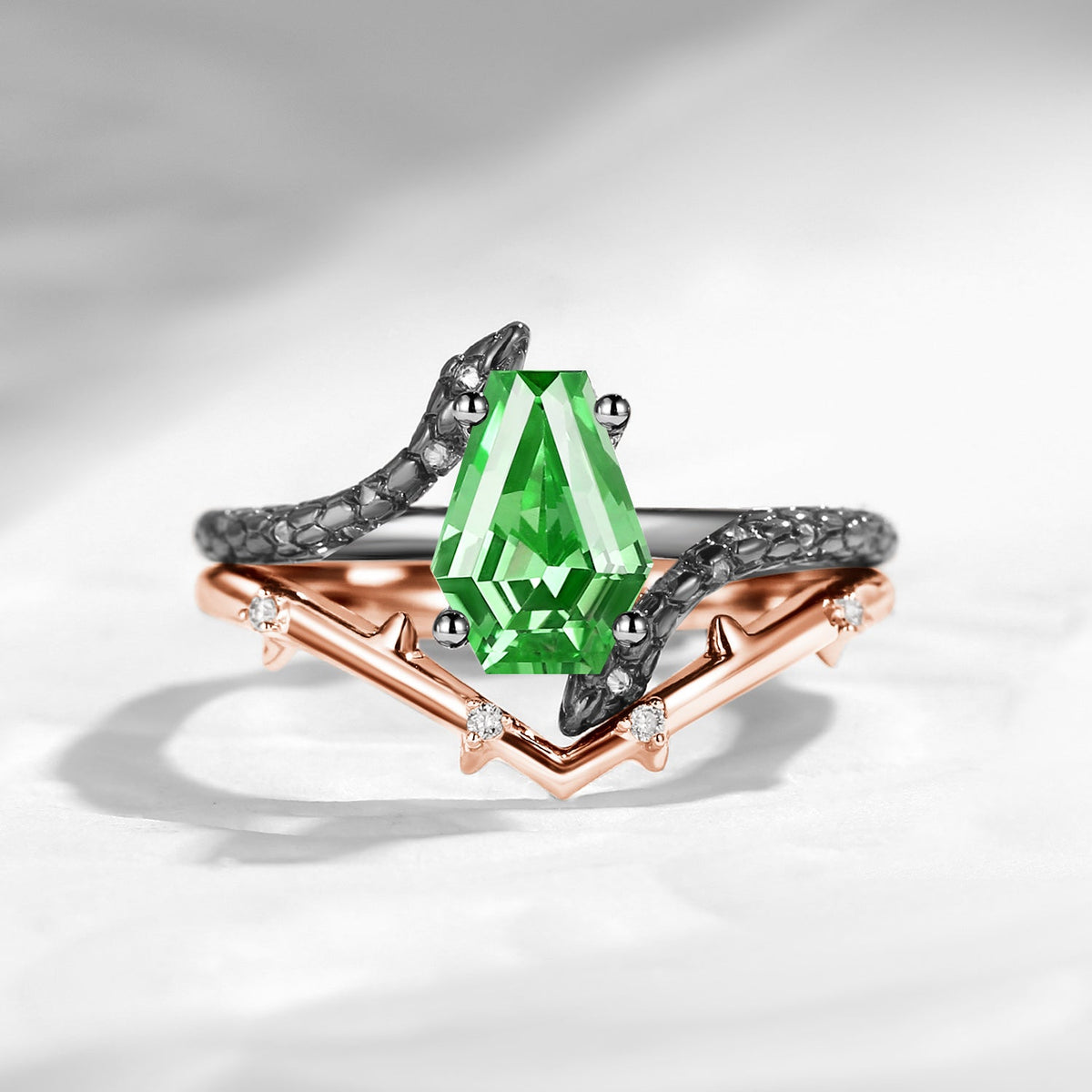 Gothic Style Coffin Lab Tsavorite Two-Toned Twist Snake Engagement Ring Set 2pcs - Serpent's Embrace