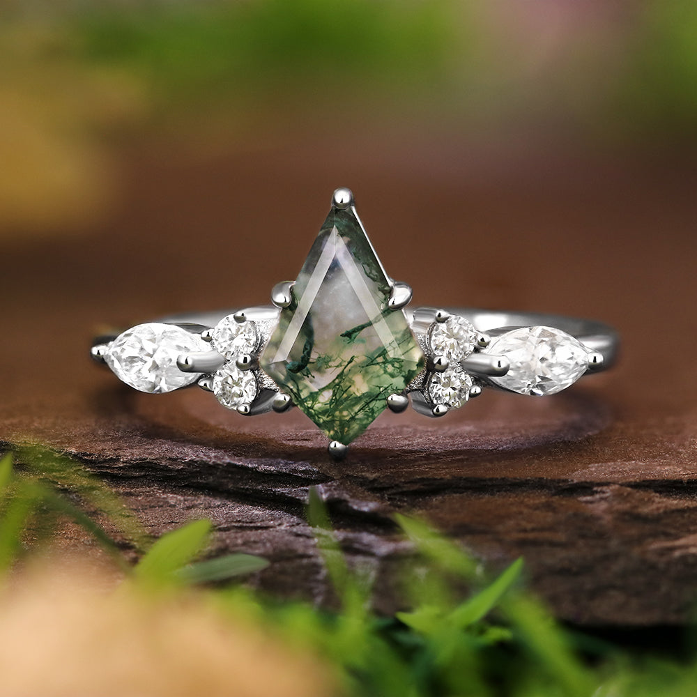 6*9mm Kite Cut Moss Agate with Marquise & Round Accent Stones Nature-Inspired Engagement Ring