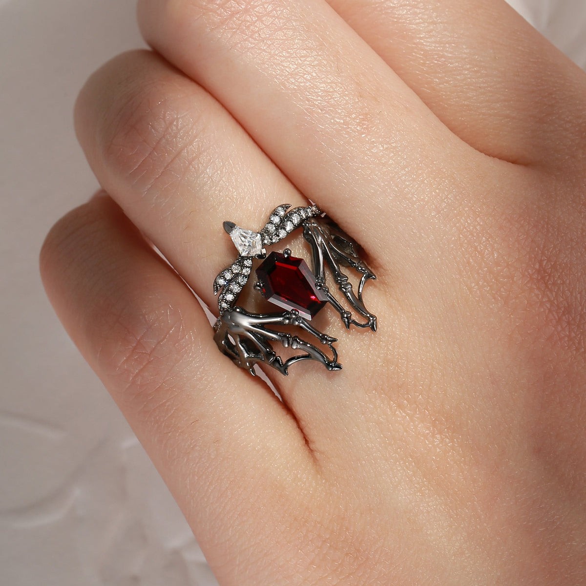 Non-Traditional Coffin Garnet Black Gold Vampire Ring Set 2pcs - Bat Ring