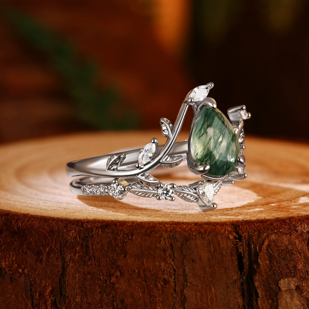 Nature Inspired Vine & Leaf 6x8mm Pear Cut Moss Agate Bridal Ring Set