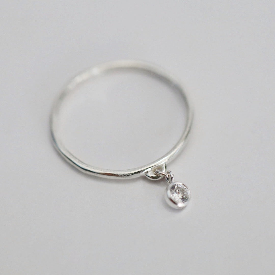 Cubic Zirconia Charm Stacking Ring - Clear Or Black Charm - in Sterling Silver