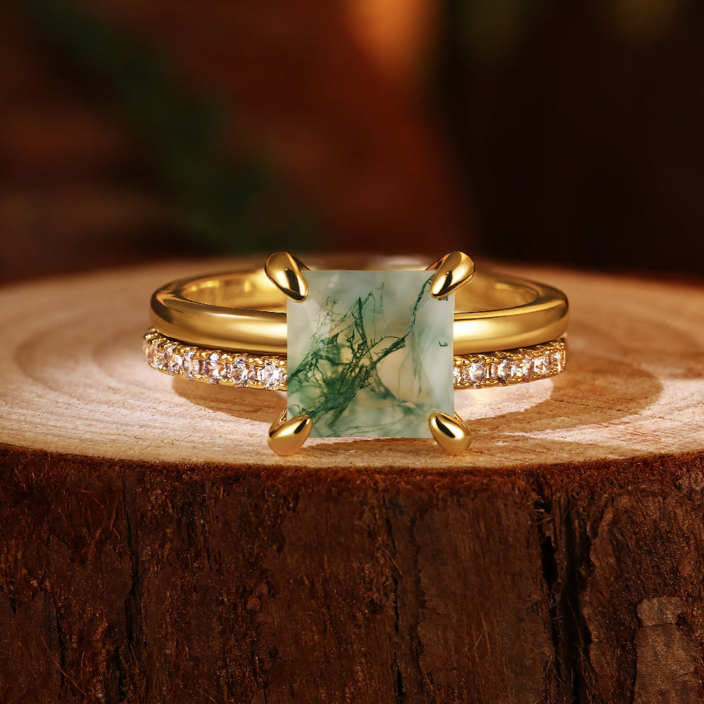 8X8mm Princess Cut Moss Agate Bridal Ring Set for Women, 2PCS Square Green Agate Engagement Ring with Moissanite Band, Nature Inspired Wedding Jewelry