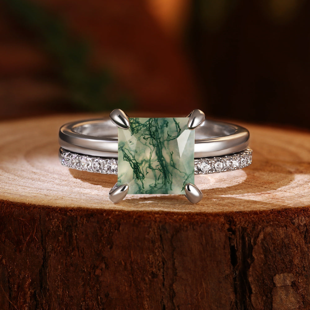 8X8mm Princess Cut Moss Agate Bridal Ring Set for Women, 2PCS Square Green Agate Engagement Ring with Moissanite Band, Nature Inspired Wedding Jewelry