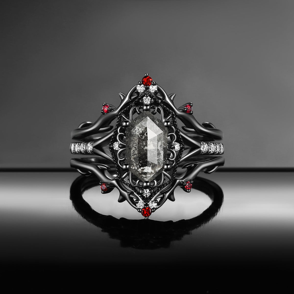 Gothic Inspired Hexagon Cut Salt & Pepper Diamond Vampire Shield Engagement Ring Set 3pcs