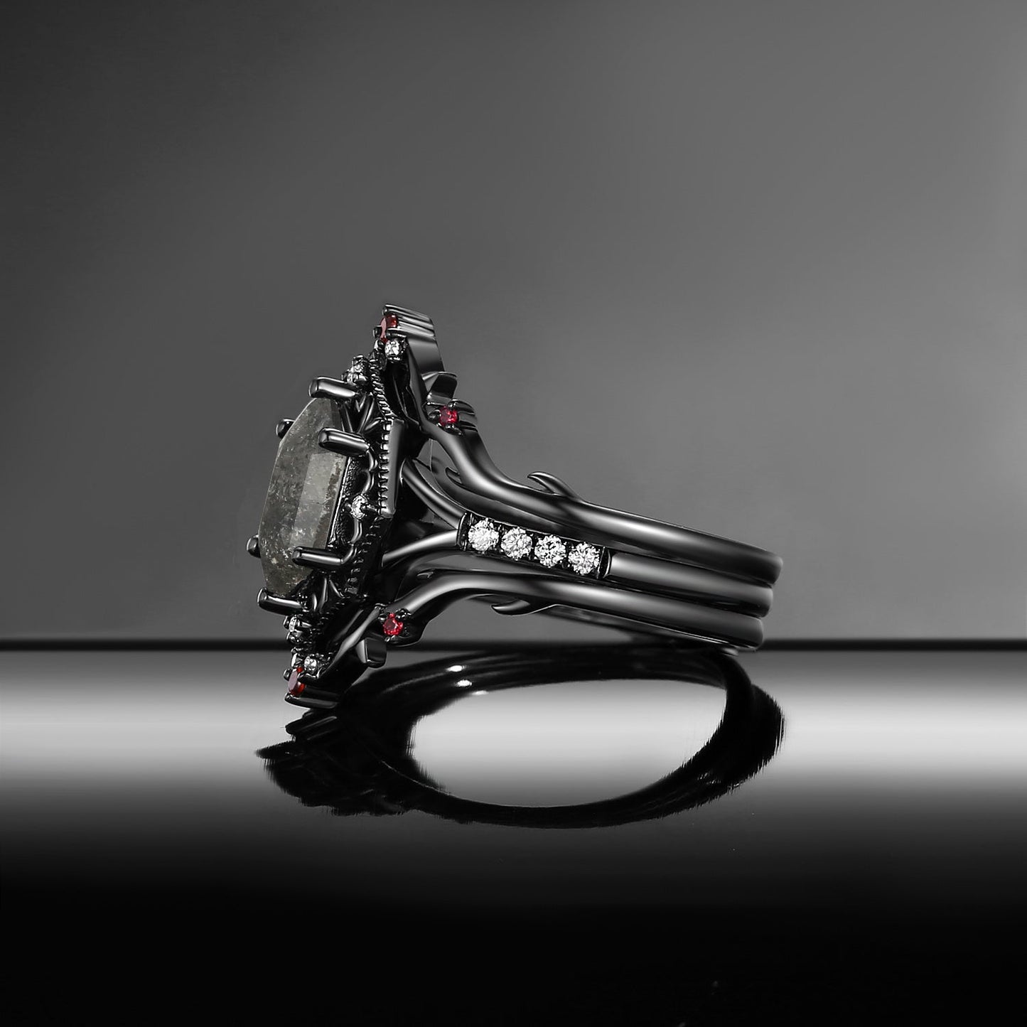 Gothic Inspired Hexagon Cut Salt & Pepper Diamond Vampire Shield Engagement Ring Set 3pcs