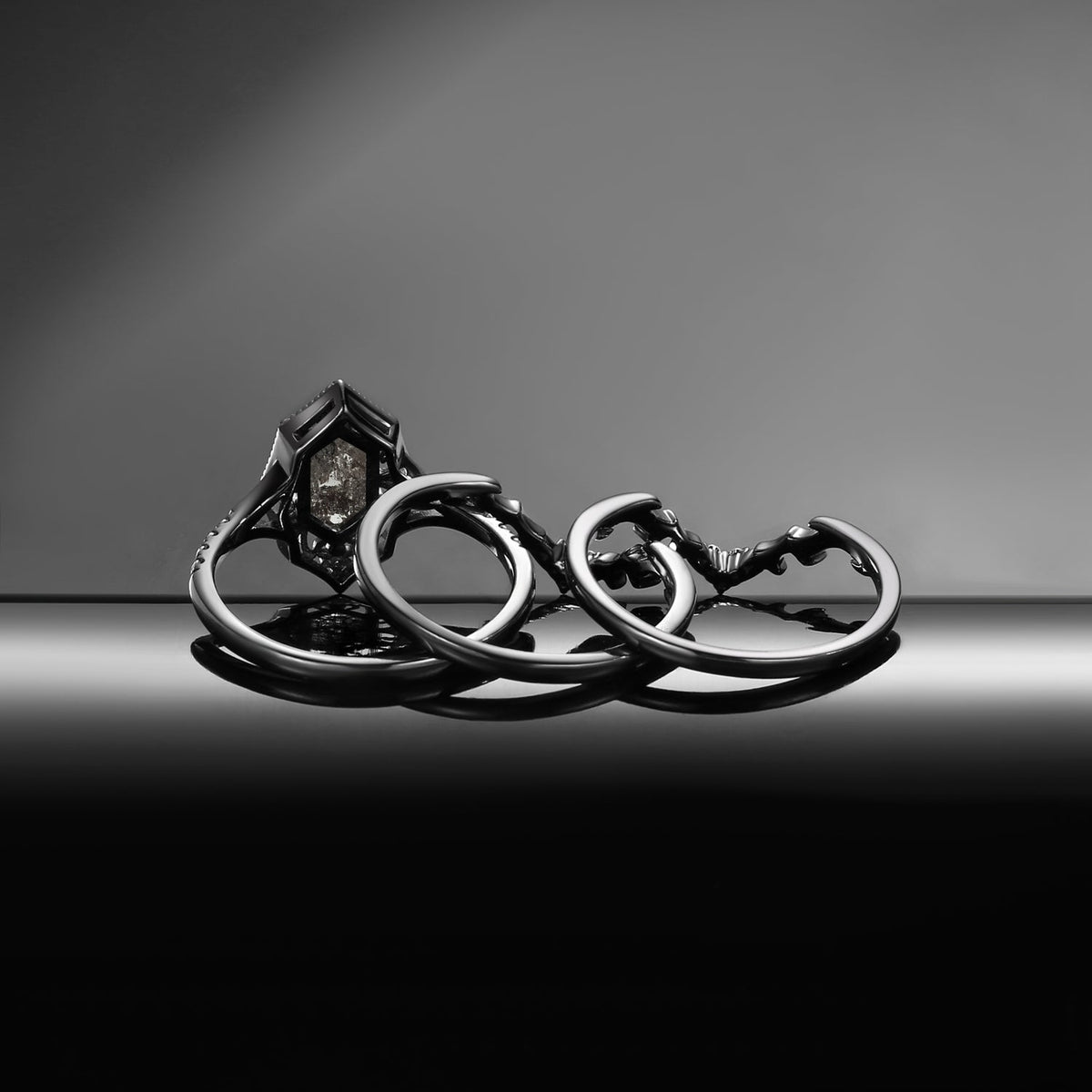 Gothic Inspired Hexagon Cut Salt & Pepper Diamond Vampire Shield Engagement Ring Set 3pcs