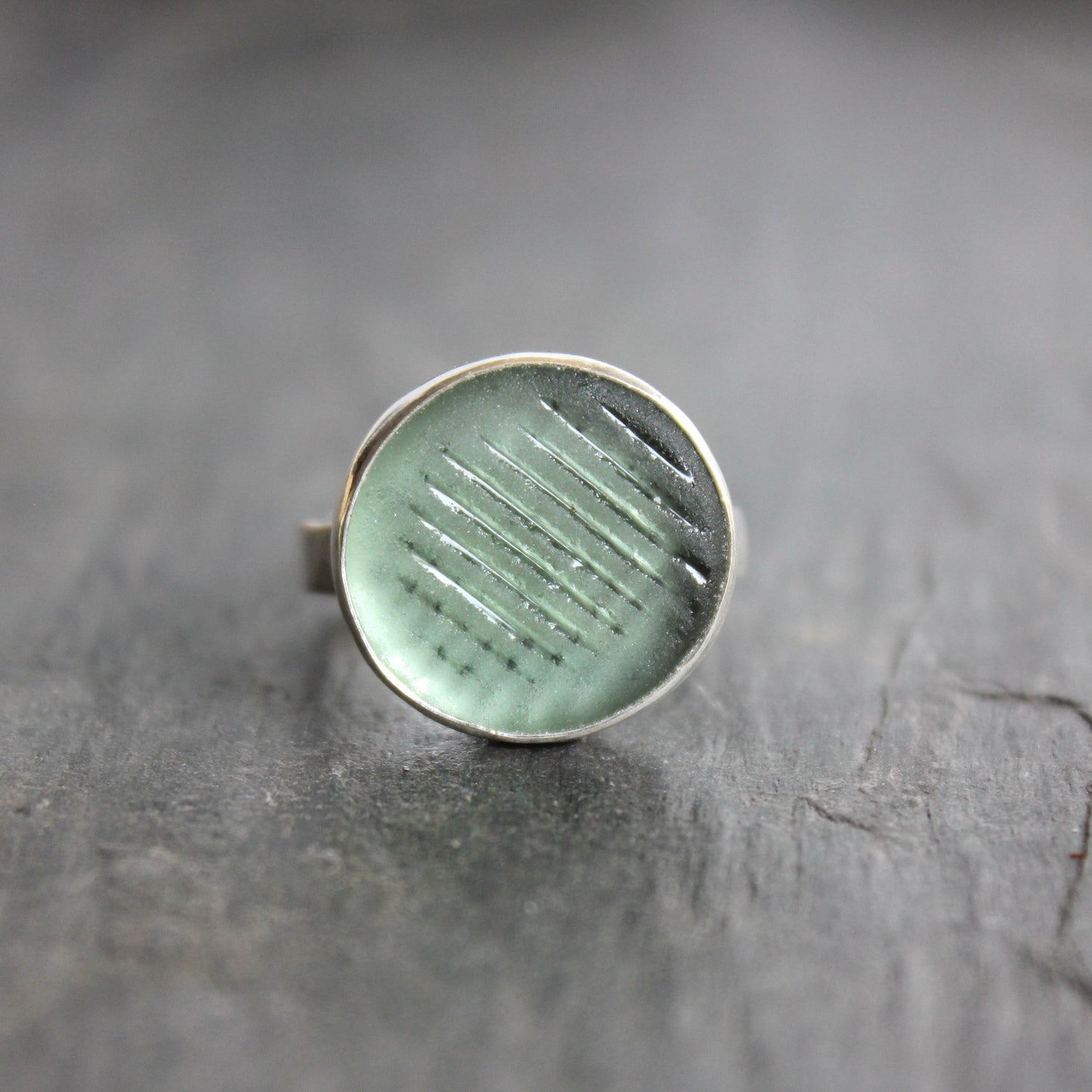 Sage Green Ohajiki Marble Sea Glass Ring | Handmade | Sterling Silver | Size 5 3/4