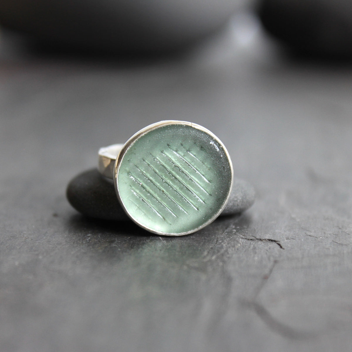 Sage Green Ohajiki Marble Sea Glass Ring | Handmade | Sterling Silver | Size 5 3/4