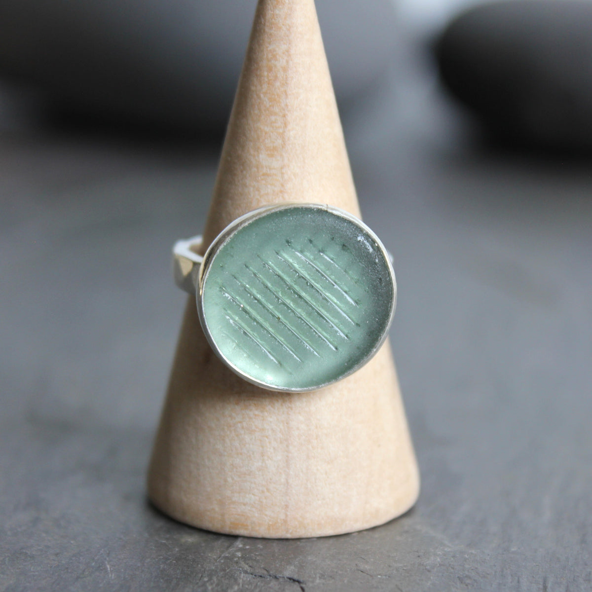 Sage Green Ohajiki Marble Sea Glass Ring | Handmade | Sterling Silver | Size 5 3/4