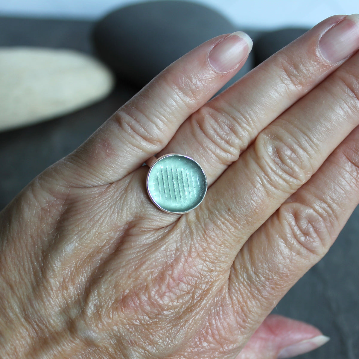 Sage Green Ohajiki Marble Sea Glass Ring | Handmade | Sterling Silver | Size 5 3/4