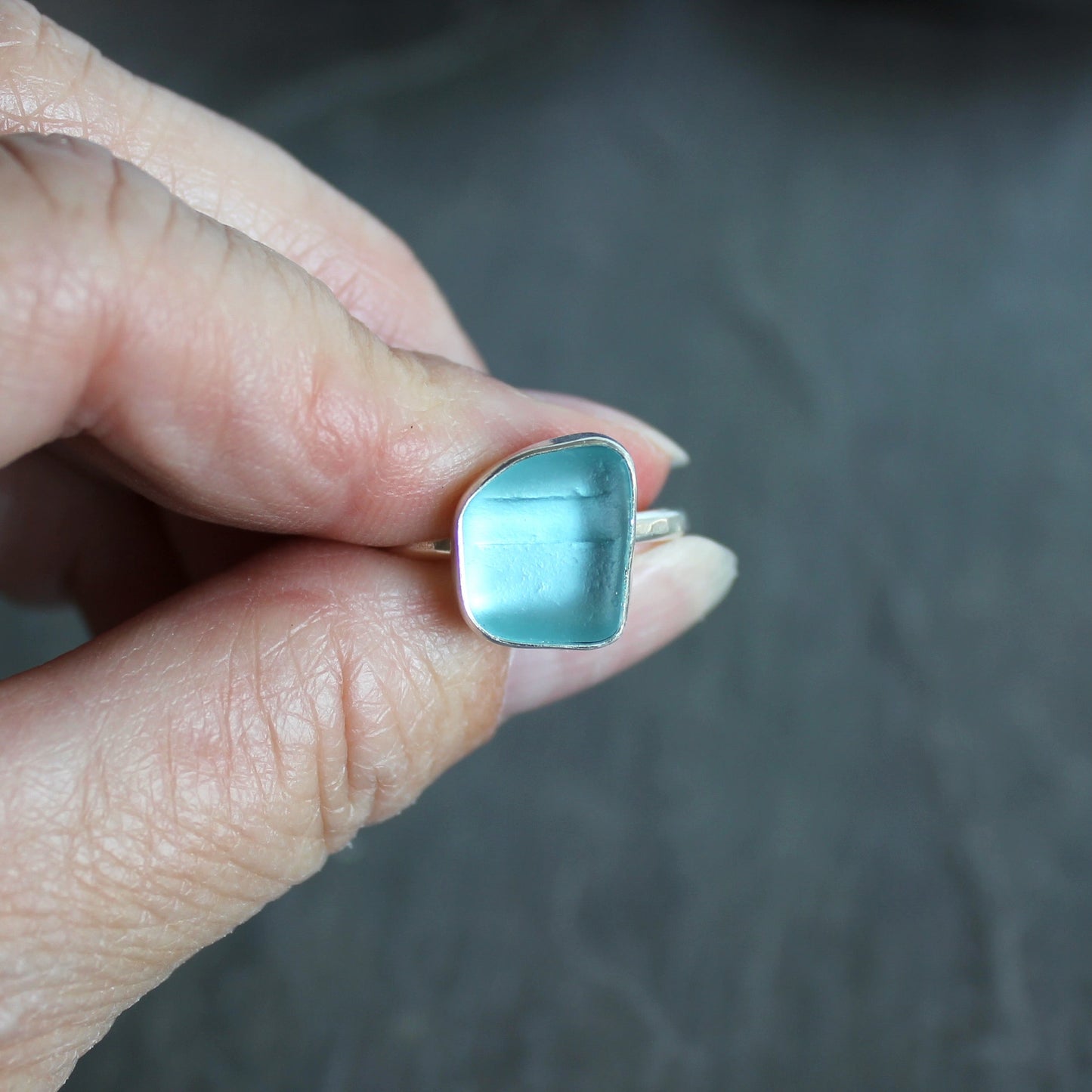 Aqua Blue Bottle Neck Sea Glass Ring | Sterling Silver | Handmade | Size 8 3/4