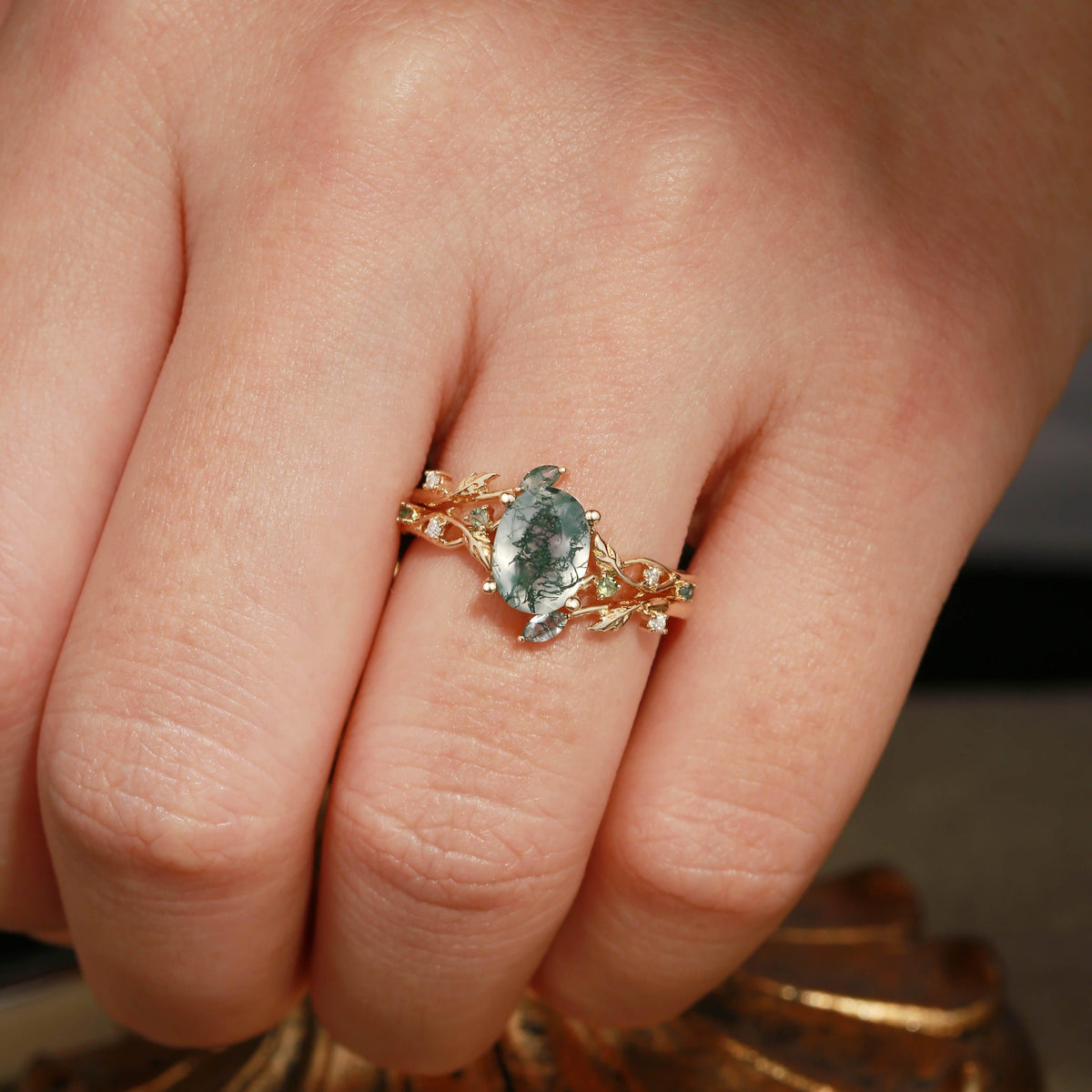 Melisande’s Tracery | Green Moss Agate Leaf Engagement Ring Set 2pcs