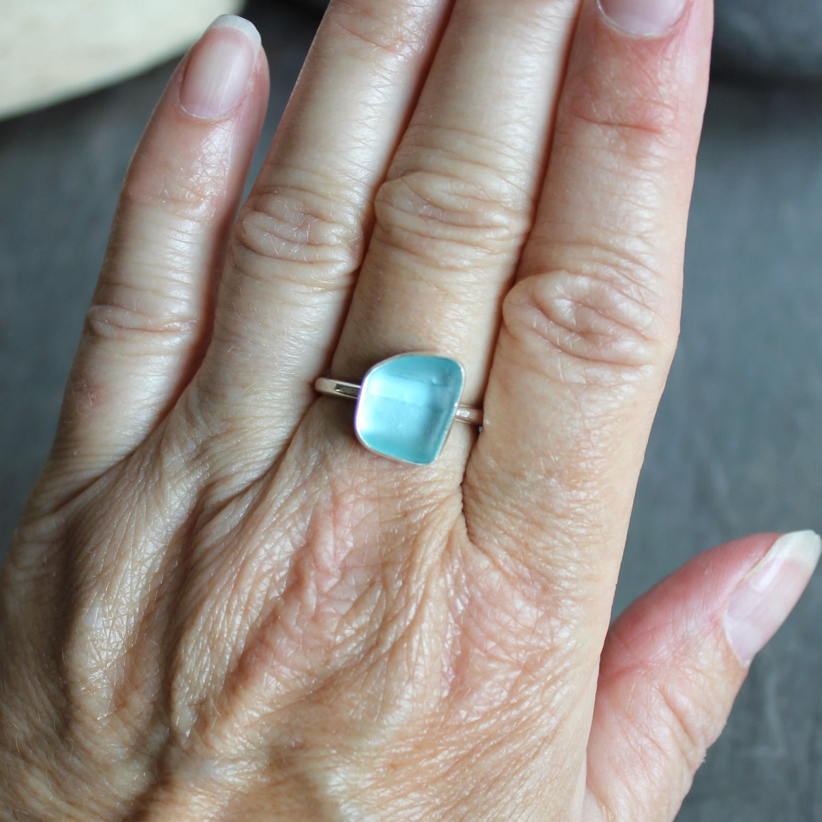 Aqua Blue Bottle Neck Sea Glass Ring | Sterling Silver | Handmade | Size 8 3/4