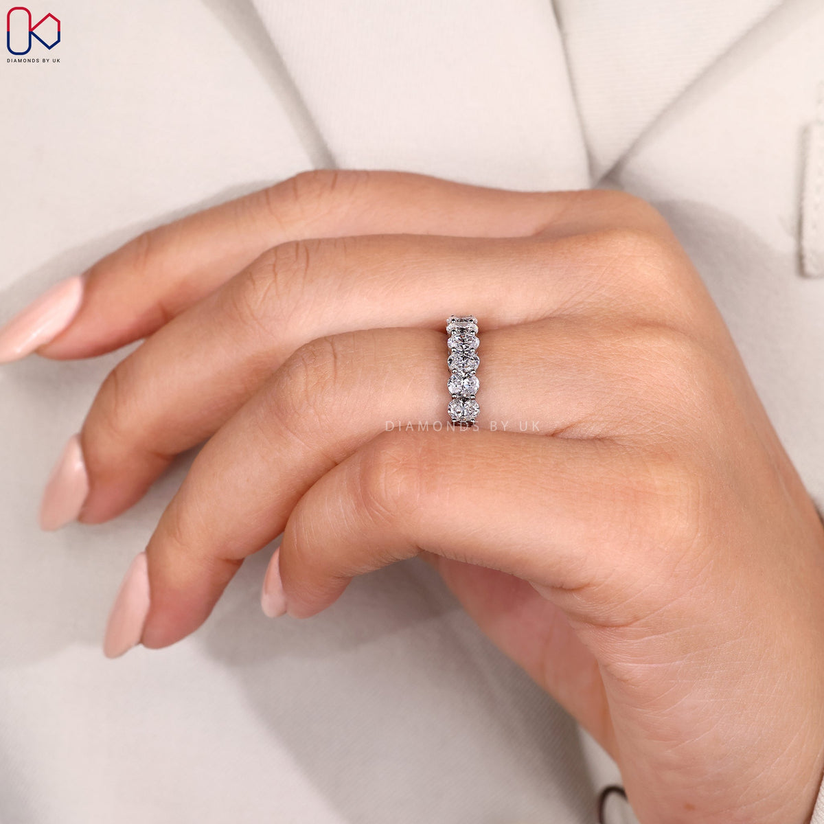 White Gold Half Eternity Oval Diamond Wedding Band