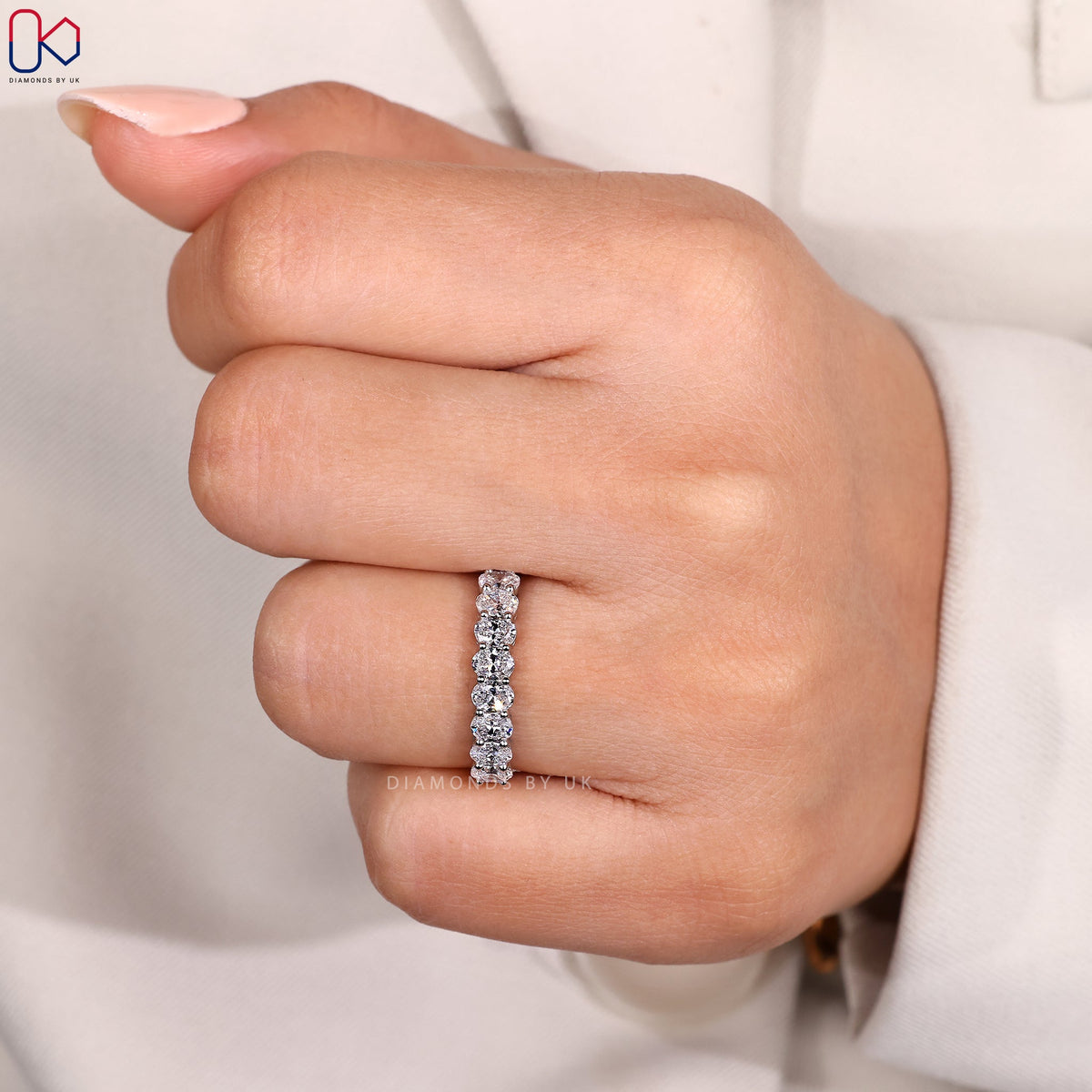 White Gold Half Eternity Oval Diamond Wedding Band