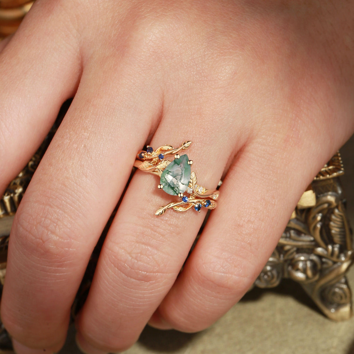 Cressida’s Companion | Moss Agate & Sapphire Engagement Enhancer Ring Set 2pcs