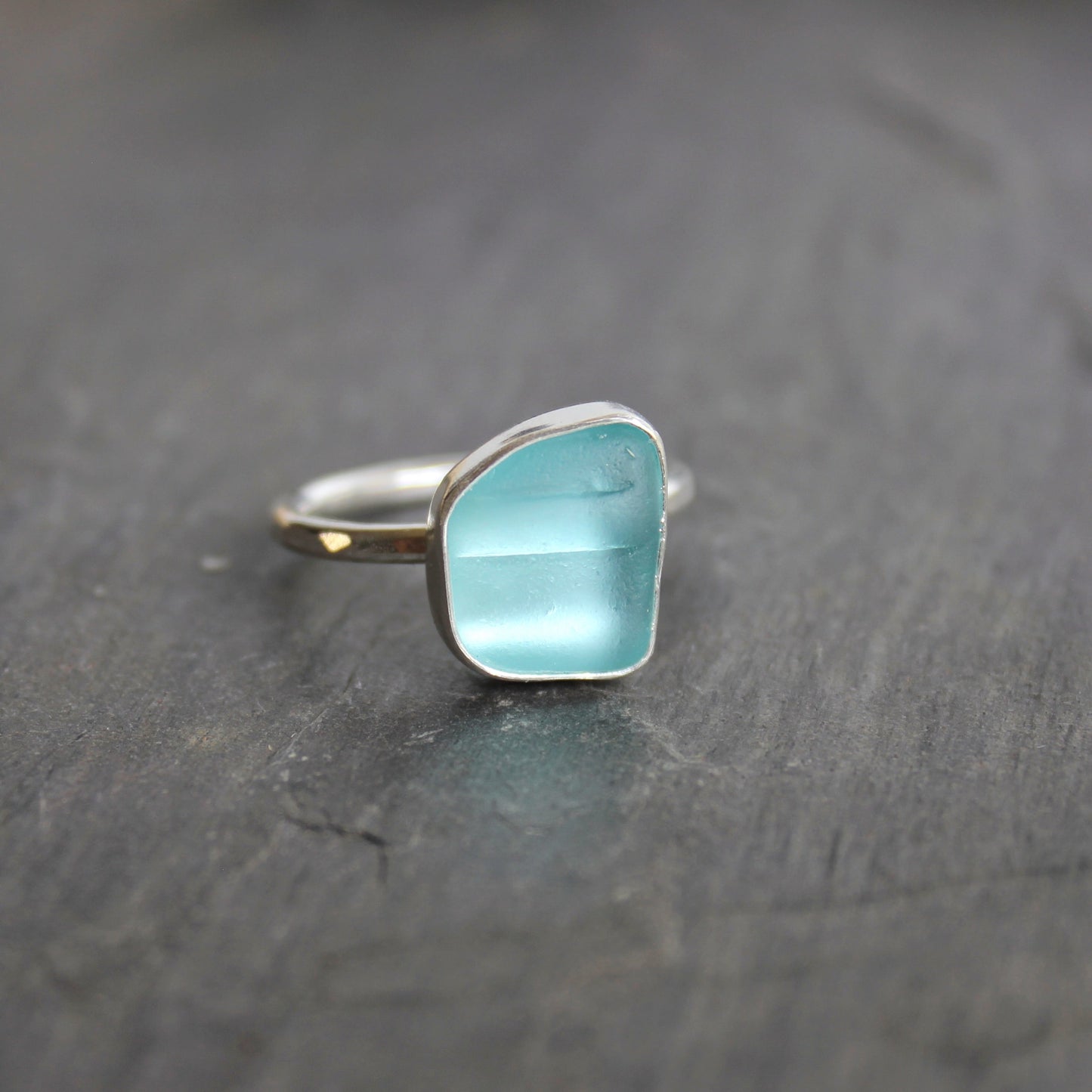 Aqua Blue Bottle Neck Sea Glass Ring | Sterling Silver | Handmade | Size 8 3/4