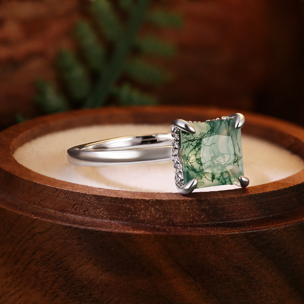 Nature Inspired 8x8mm Princess Cut Moss Agate Hidden Halo Engagement Ring