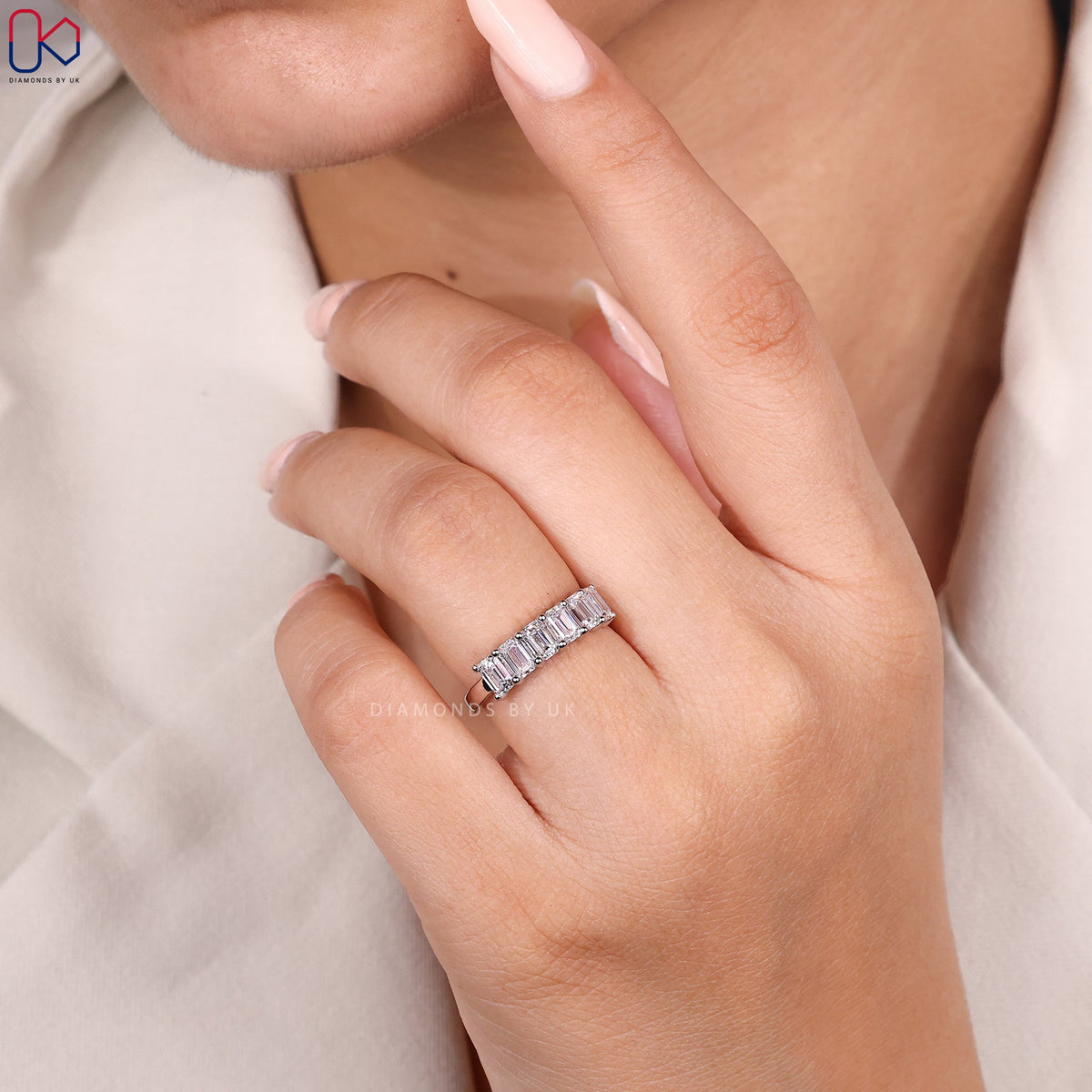 Half Eternity White Gold Emerald Cut Wedding Band