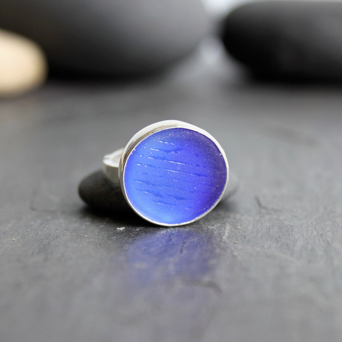 Rare Cobalt Blue Japanese Ohajiki Sea Glass Ring | Sterling Silver | Size 7