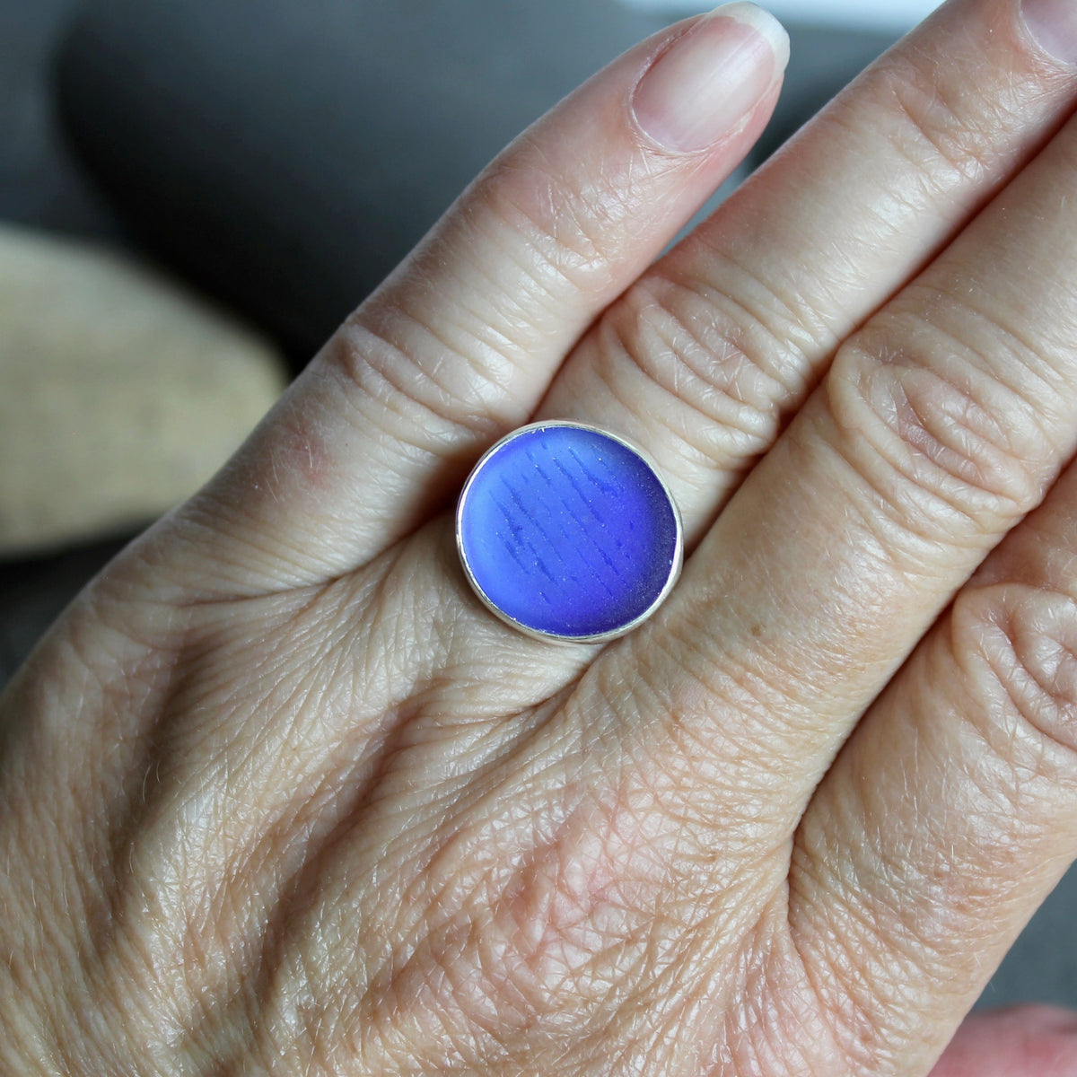 Rare Cobalt Blue Japanese Ohajiki Sea Glass Ring | Sterling Silver | Size 7