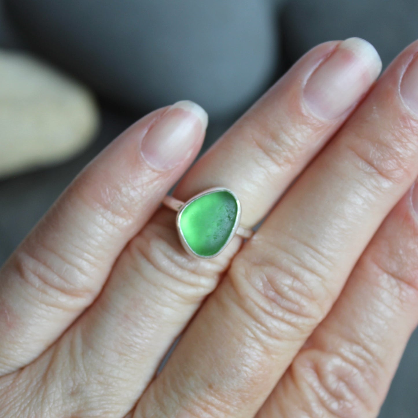 Bright Lime Green Sea Glass Ring | Handmade | Sterling Silver | Size 5
