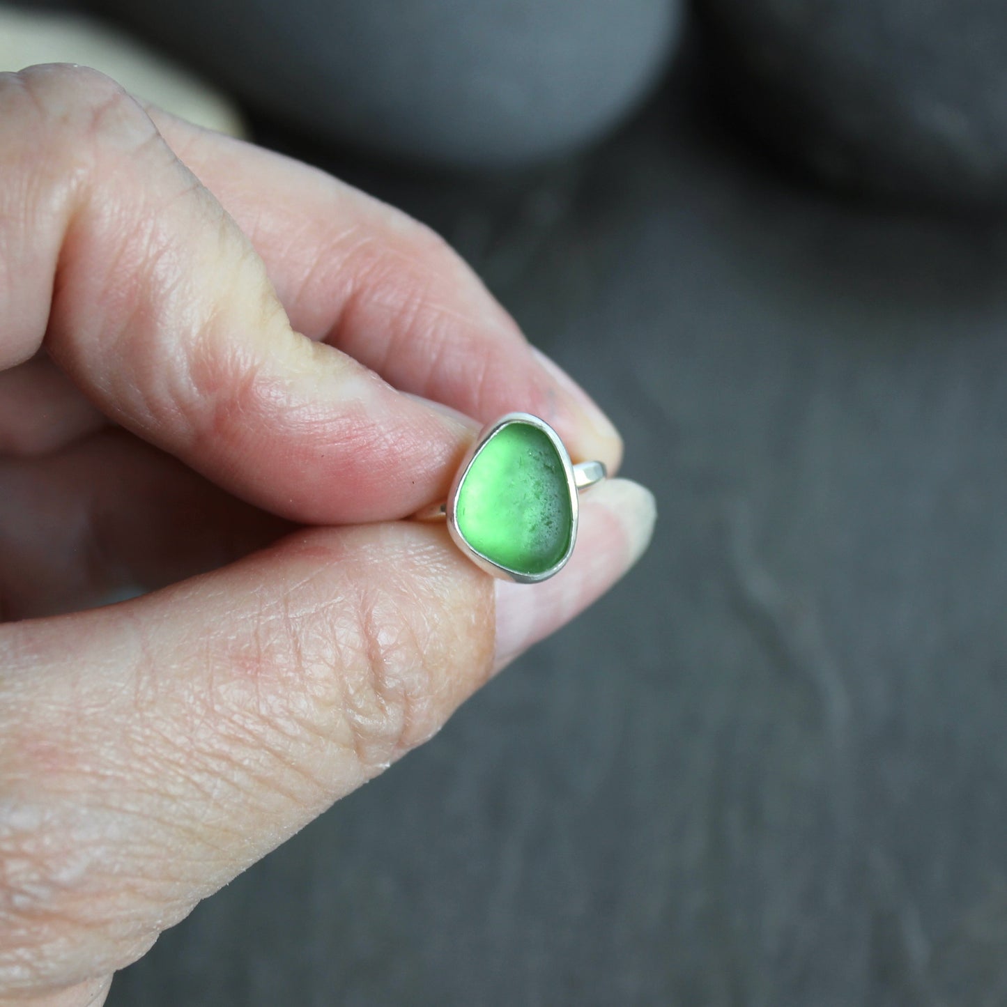 Bright Lime Green Sea Glass Ring | Handmade | Sterling Silver | Size 5