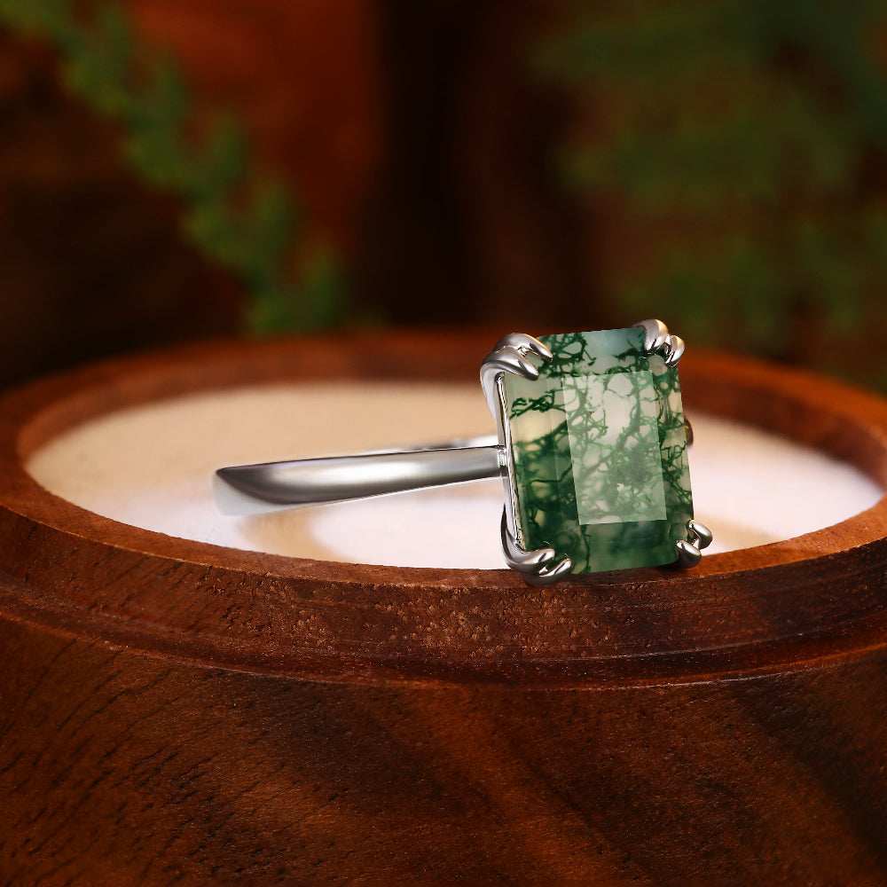 8x10mm Emerald Cut Moss Agate Unique Nature Inspired Branch Prongs Engagement Ring