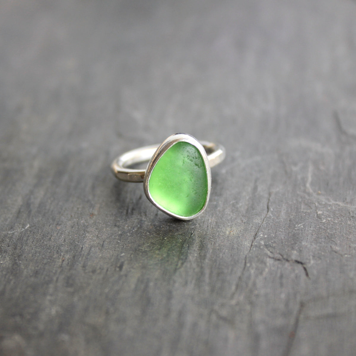 Bright Lime Green Sea Glass Ring | Handmade | Sterling Silver | Size 5