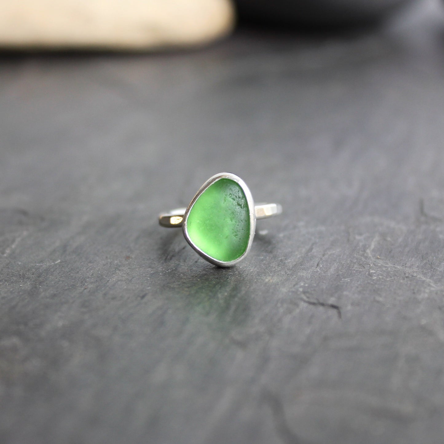 Bright Lime Green Sea Glass Ring | Handmade | Sterling Silver | Size 5